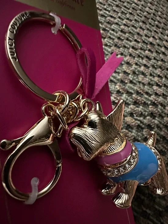 Juicy Couture Gold Scottie Keychain with Blue and Pink Accents - Picture 2 of 3